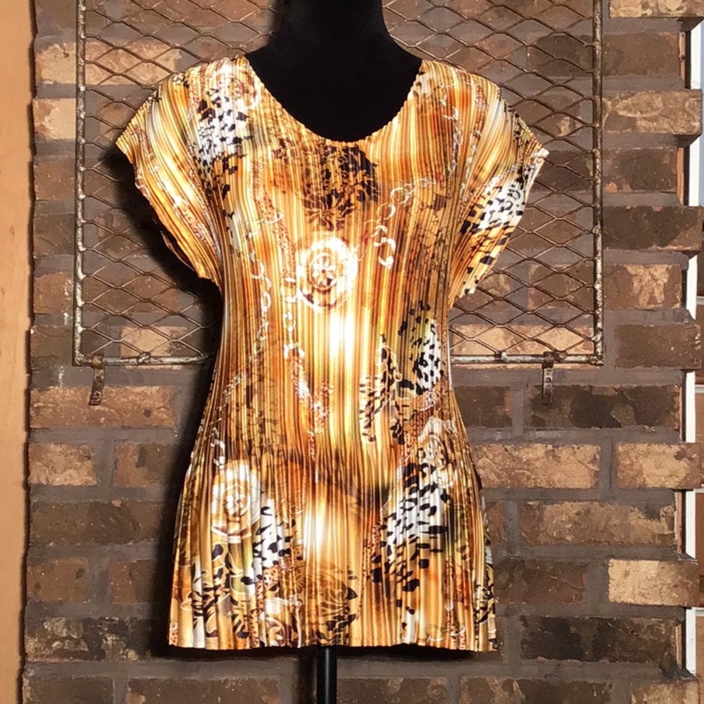 FC pleated short sleeve blouse gold animal print one size fits most